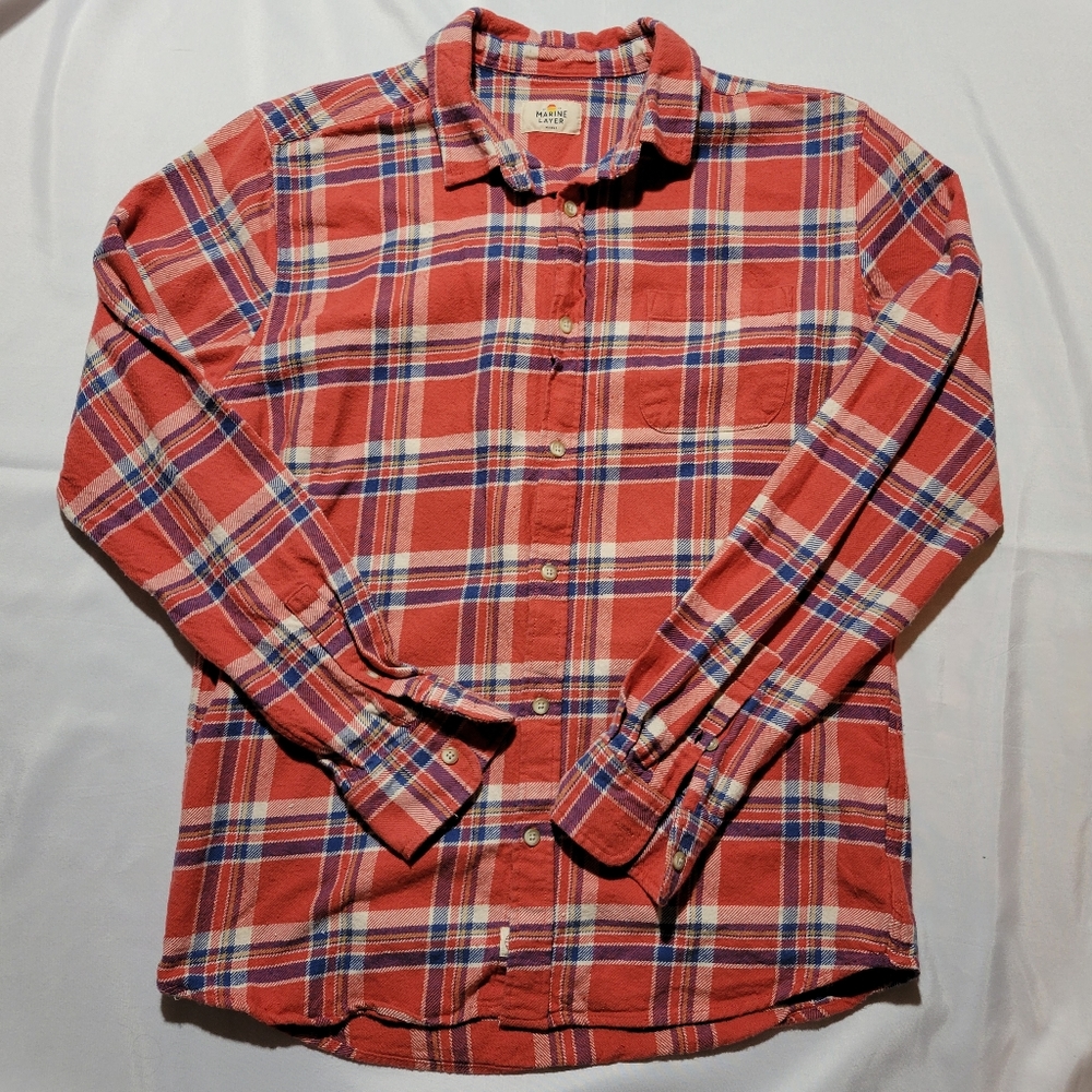 Marine Layer Mens Sz Marge (Medium Large) Button Down Flannel Shirt Red Plaid
